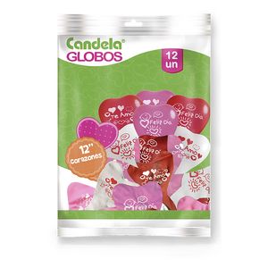GLOBOS CANDELA FORMA CORAZON IMPRESO x 12