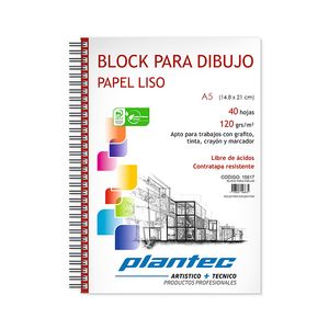 BLOCK CUADERNO PLANTEC DIBUJO LISO C/ESP. A5 120 GRS.x 40 H.