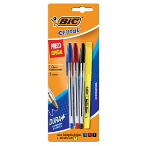BOLIGRAFO BIC CRISTAL 1mm.x 3 SURT. + RESALTADOR