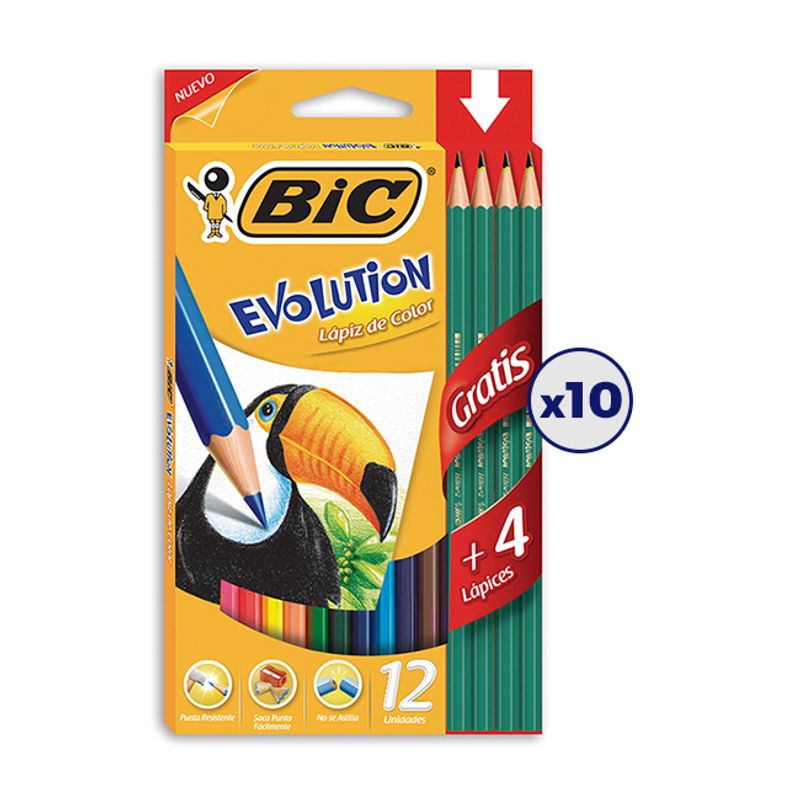 COMBO 10 PACK LAPICES BIC EVOLUTION COLORING x 12 LARGOS+4 - Tomy