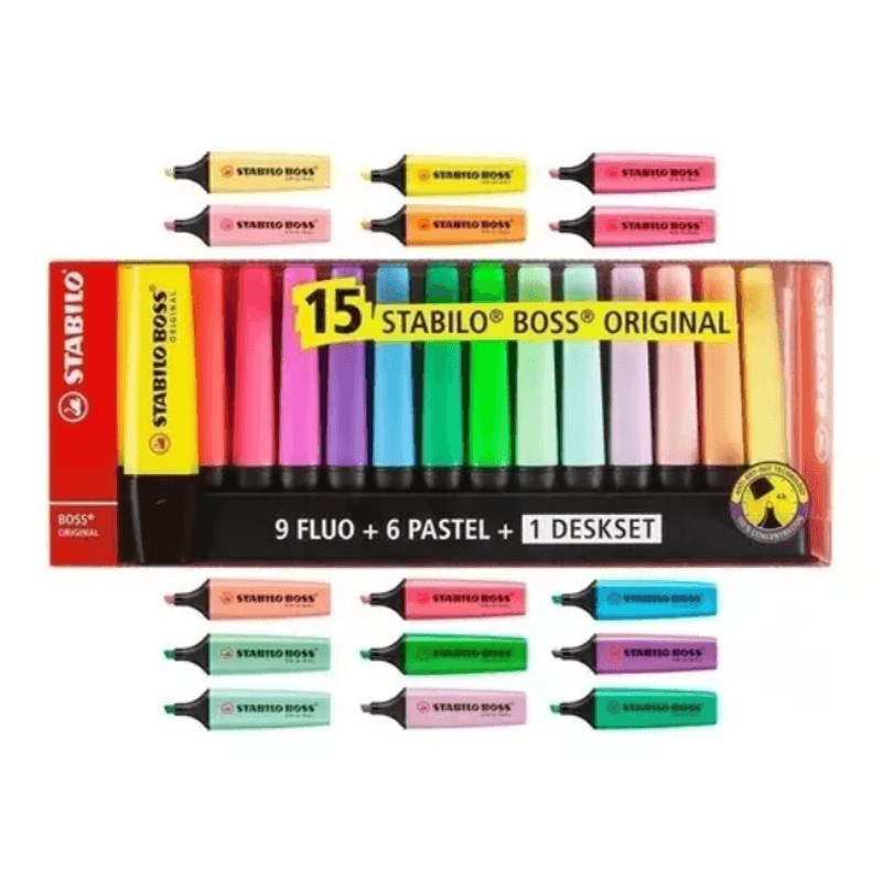 ESTUCHE 15 ROTULADORES STABILO 9 FLUO + 6 PASTEL BOSS - Librería