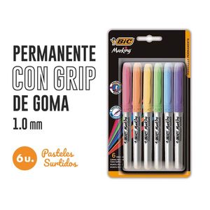 MARCADOR BIC PERMANENTE FINO C/GRIP PASTEL x 6 BL
