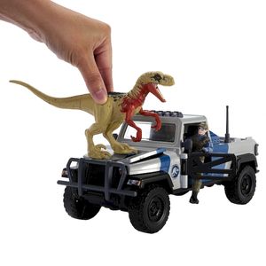 DINOSAURIO JURASSIC WORLD ATROCIRAPTOR CON CAMION DE BUSQUEDA