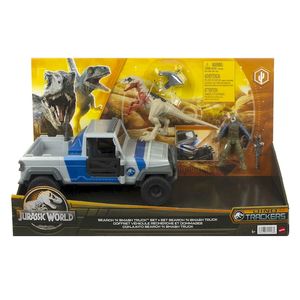 DINOSAURIO JURASSIC WORLD ATROCIRAPTOR CON CAMION DE BUSQUEDA