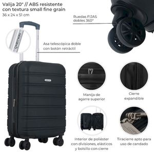 VALIJA CABINERA CHECKIN NEGRA CON FUELLE 20 PULGADAS 39115