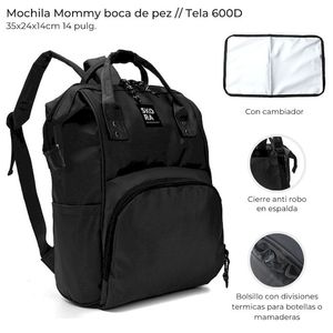 MOCHILA MATERNAL SKORA NEGRA BOCA DE PEZ CON CAMBIADOR 35cm 14 PULGADAS
