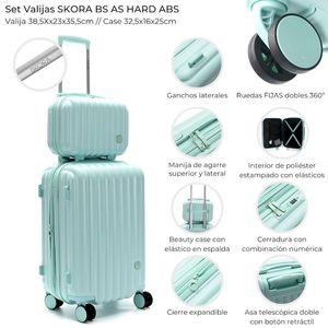 SET VALIJA CABINERA SKORA CON FUELLE + NECESER BEAUTY VERDE AGUA